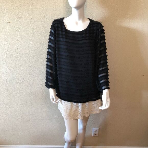 Alfani Striped-Lantern Sleeve Fringed Blouse Sz Lg - Picture 2 of 8